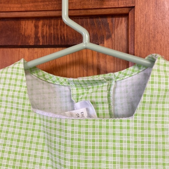 Bonnie Jean Sleeveless Square Neck Green Checkered Cotton Dress Pink Ribbon Trim - Picture 4 of 10